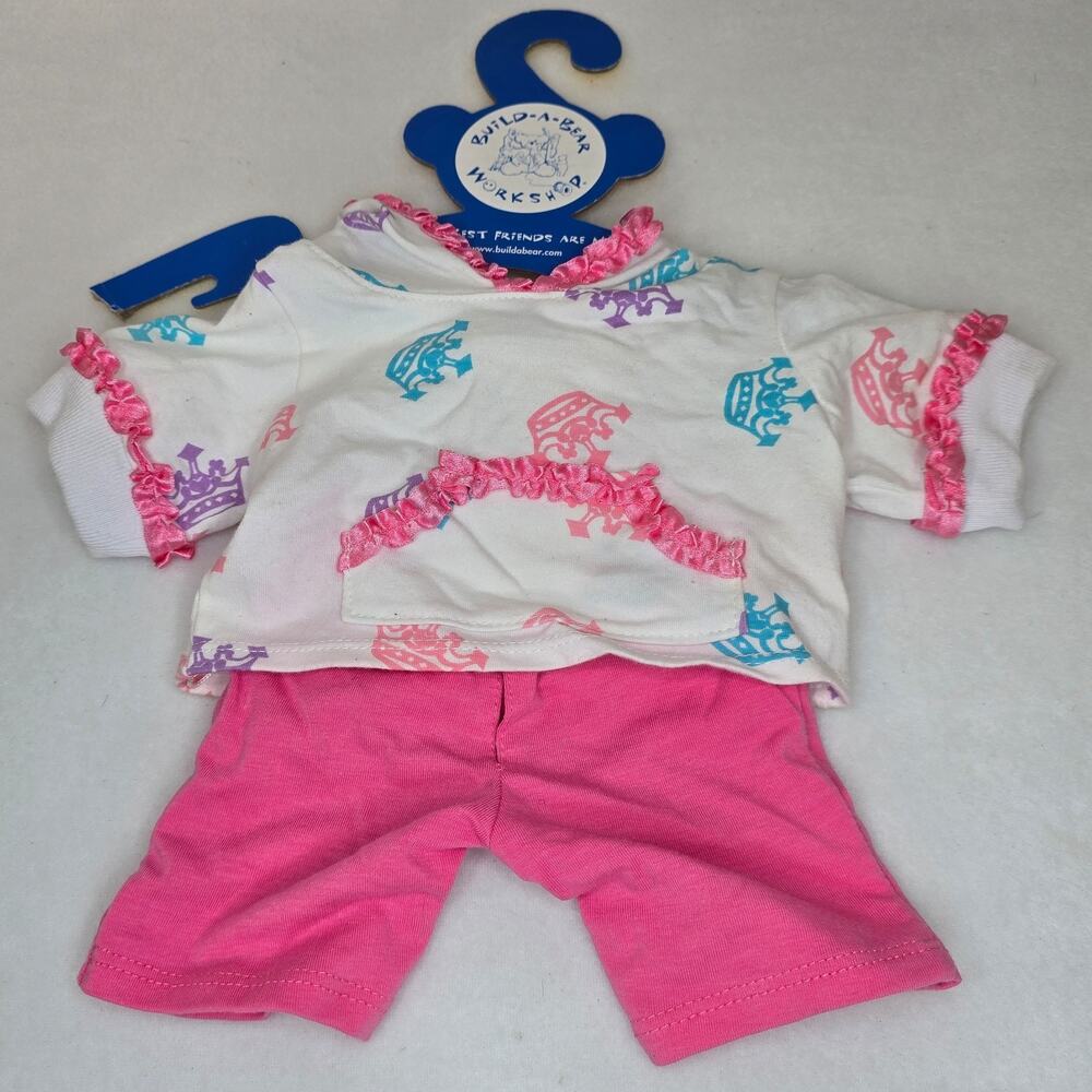 Build A Bear Pink Shorts White Hoodie Crown Print Outfit New on Hanger